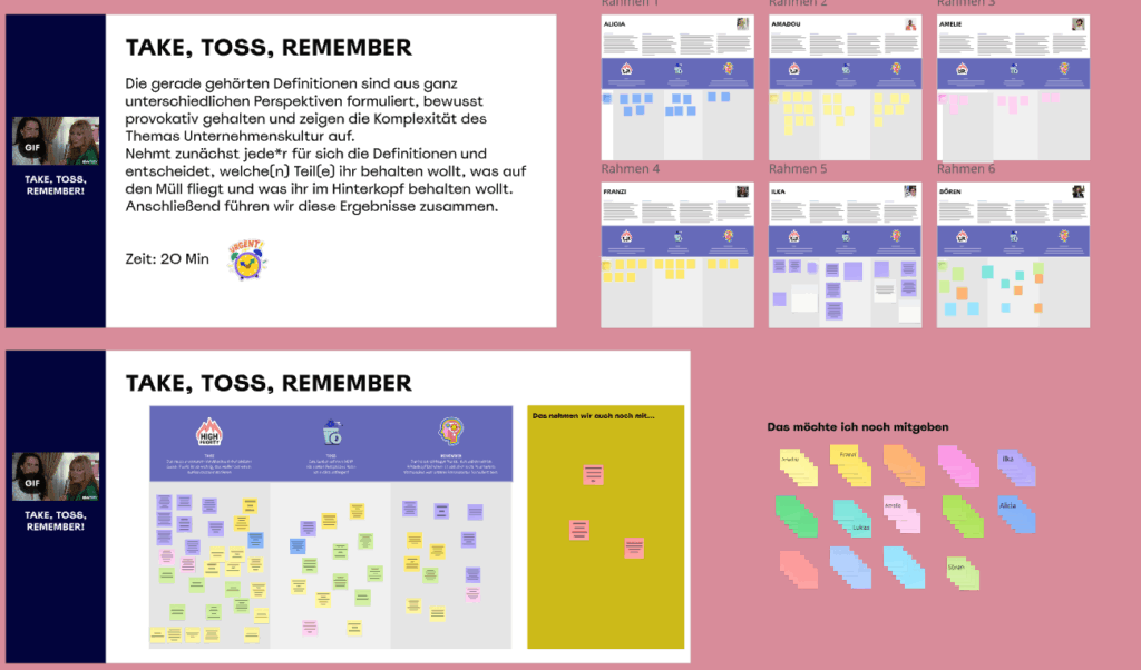 Auf einem vorgefertigtem Miro-Template können die Kreativen selbst entscheiden, was ihnen bei ihrem Verständnis von Unternehmenskultur wichtig ist, was sie wegschmeißen wollen.